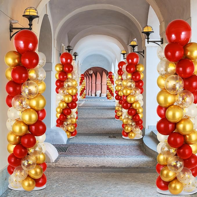 2 Sets Red Gold Balloon Column Stand Kit with 100 Balloons Adjustable Balloon Tower Stand with Bases for Floor Red Gold Confetti Balloon Column Kit for Valentine's Day Sport Birthday Wedding Party