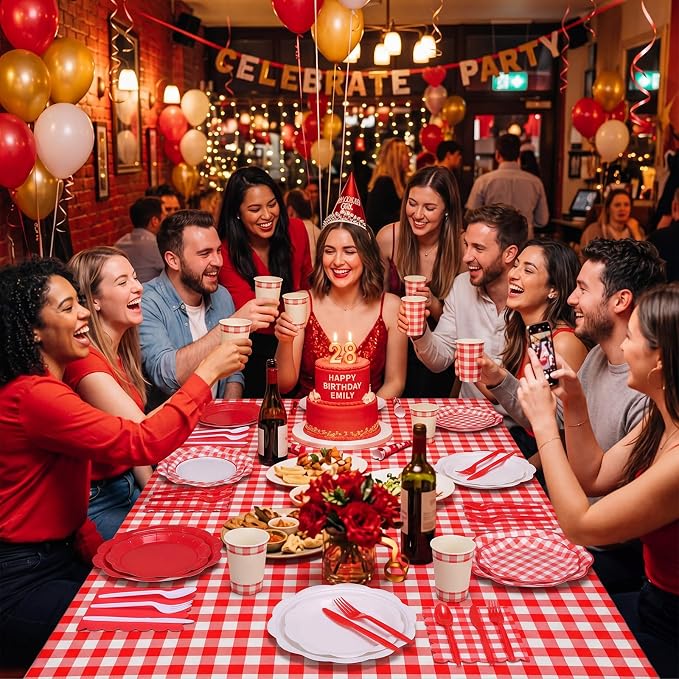 Ceenna 390 Pcs Red Gingham Party Supplies for 48 Guests, Red and White Checkered Paper Plates Napkins Cups Tablecloth Cutlery Disposable Tableware for Picnic BBQ Birthday Baby Shower Party Deocration