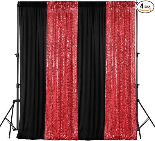 VitalCozy 4 Panels Backdrop Curtains 2 Pcs 4 x 10 ft Sequin Glitter 2 Pcs 7 x 10 ft Chiffon Photo Background Curtains for Graduation Wedding Birthday Party Decorations(Black, Red)