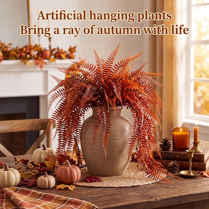 Daifunli 8 Pcs Artificial Fall Hanging Plants Fake Hanging Ferns Plastic Autumn Faux Plants for Wall Room Garden Garland Indoor Outdoor Decor No Basket (Fall Boston)