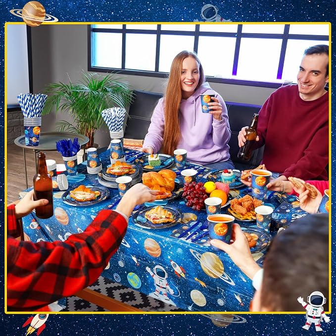 Potchen 452 Pcs Party Supplies Serve 50 Guests, Paper Plates Napkins Cups Cutlery Plastic Tablecloth Dinnerware for Birthday Wedding Party Decoration(Dark Blue, Space)