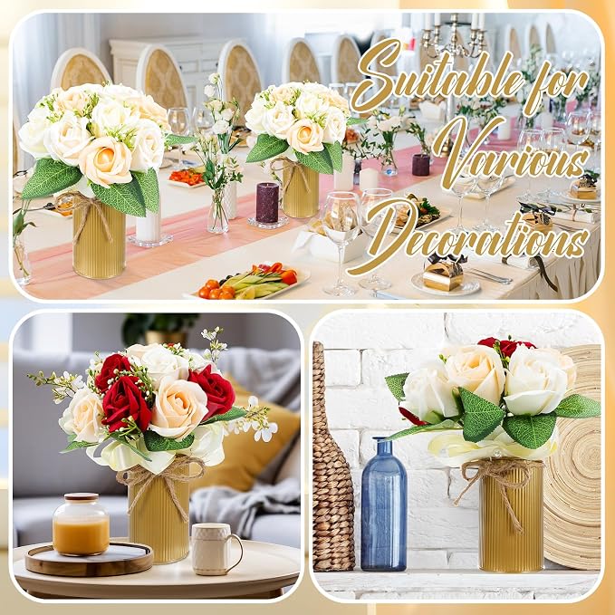 Rustic Vase for Table Centerpieces 4.33 Inch Small Petite Flower Vase with Twine Bow Vintage Farmhouse Decor for Wedding Reception Dining, Home Galvanized Metal Buckets(Gold,24 Pcs)