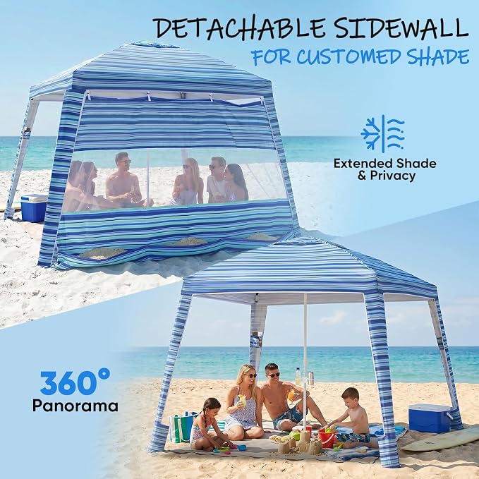 Sekey Beach Cabana - 8x8 FT Easy Setup Beach Shade Canopy UPF 50+ Sun Shelter with Sandbag & Side Wall, Large Portable Outdoor Tent for Family, Light Blue Stripe