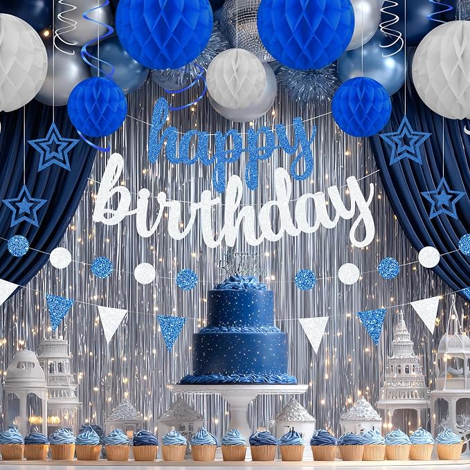 Blue and Silver Birthday Party Decorations Set - Happy Birthday Banner Balloons Foil Curtains Hanging Swirls for Men Women Kids Birthday Party Supplies