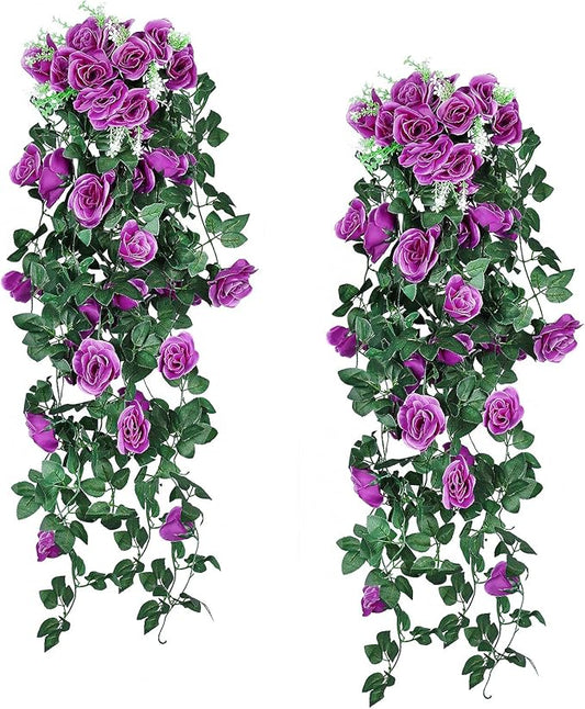 RECUTMS Artificial Hanging Rose Plants Fake Flowers Vines Wall Décor House Garden Patio Front Porch Indoor Decor (Purple)