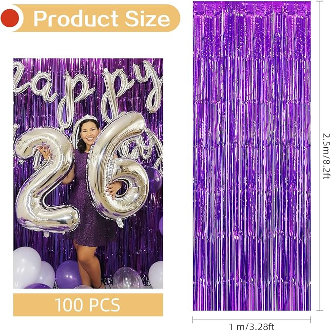 100 Pack Purple Foil Fringe Backdrop Curtains 3.2ft x 8.2ft Tinsel Foil Fringe Curtains for Birthday Party Decorations Photo Booth Backdrop for Halloween Christmas New Year Holiday Decorations