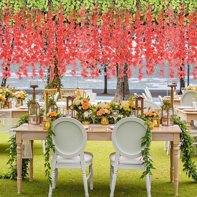48Pcs Artificial Wisteria Hanging Flowers, 3.6Ft/Pcs Red Fake Wisteria Garland for Wedding Party Home Garden Indoor Outdoor Decoration