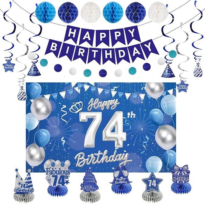 Happy Birthday Party Decoration Set: Including Birthday Banner Backdrop, Party Table Centerpieces and Hanging Swirl Party Streamers, Birthday Decor Suppliers for Men and Women (Blue, 74th Birthday)