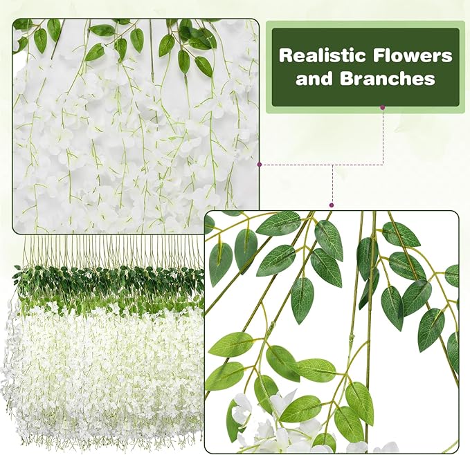 Alotiki Wisteria Hanging Flowers,12 Pack Fake Hanging Flowers,Wisteria Artificiales Garland for Home Wedding Arch Floral Party Garden Ceremony Outdoor Decor,3.6 Feet Long(12,White)