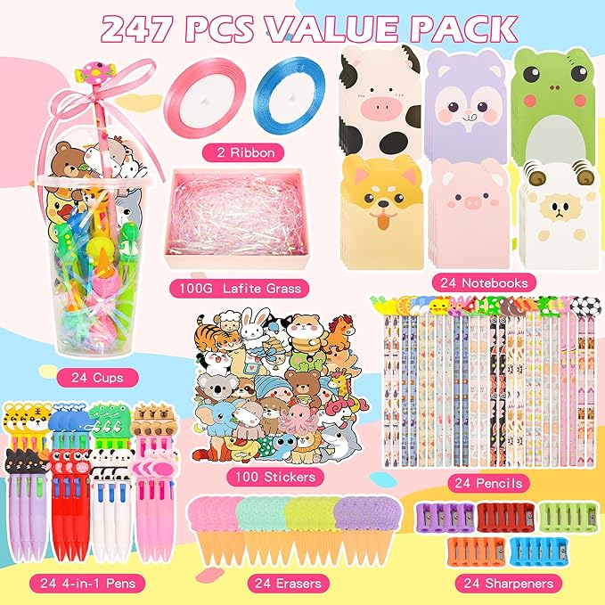 LiYiQ 247-Piece Stationery Set for Student Rewards, Pencil Erasers Notebook Stickers for Classroom Party Goodie Bags and Prizes