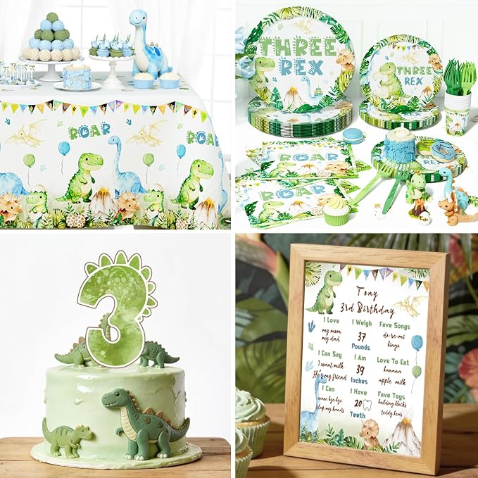 Costova Three Rex Birthday Decorations Boy, Dinosaur 3rd Birthday Party Supplies Kit with Tableware Set, Plates, Napkins, Cups, Backdrop, Boxes, Tablecloth for Boys 3 Year Old Jungle Safari