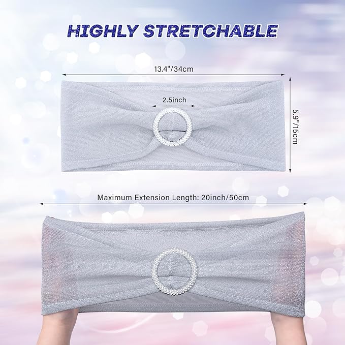 SquarePie Pack of 10 Silver Chair Sashes Bows with Buckle Slider Universal Elastic Spandex Chair Ties Bands for Banquet Event Decor