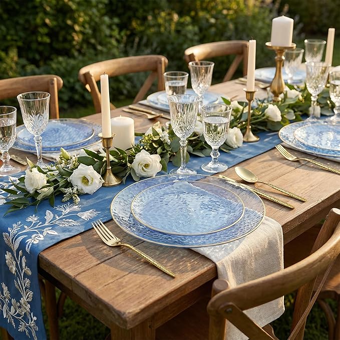 I00000 150Pcs Clear Blue Plastic Plates with Gold Rim,Blue Disposable Plates,Clear Hammer Patterned Disposable plates Set include 30 Dinner Plate,30 Dessert Plate,90 plastic Silverware Set for Party