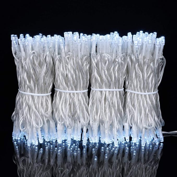 YULETIME 300 Cool White String Lights, 100 ft 8 Models Clear Wire 5mm LED | Wide Angle Bulbs, Safe 29V Adapter, Multimode Lighting, Connectable, 100' Total Length, 1-Strand 300 Lights, 4" Spacing