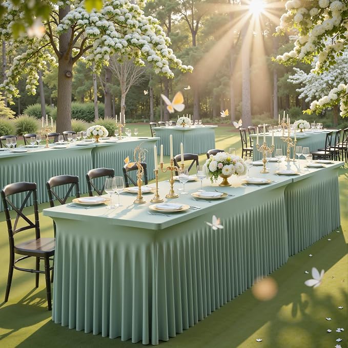 4 Pack Sage Green Spandex Fitted Tablecloths for 6 Foot Rectangle Tables, Sage Green Stretch Table Cloth with Table Skirt, Wrinkle Free Spandex Table Covers 6ft for Parties, Weddings, Trade Shows