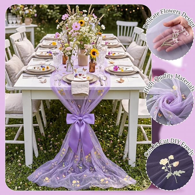 Lounsweer Purple Wildflower Table Runner 10ft Embroidery Tulle Spring Floral Table Runner Seasonal Summer Butterfly Kitchen Dining Gauze Decoration for Wedding Baby Shower Birthday Party