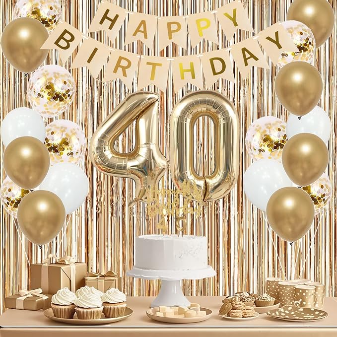 Trgowaul 40th Birthday Decorations for Women, Banner, Sash and Crown, Cake Topper, 40 Number Balloon, Fringe Curtains, Champagne Gold 40th Birthday Party Supplies