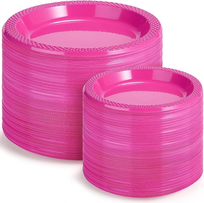 Kochorie 300 Pack Hot Pink Plates 7" & 6" Disposable Plastic Plates Round Dessert Plate Set Food Grade, BPA-Free, Heavy Duty Dinner Tableware for Bulk Party Events, Weddings, Birthdays Supplies