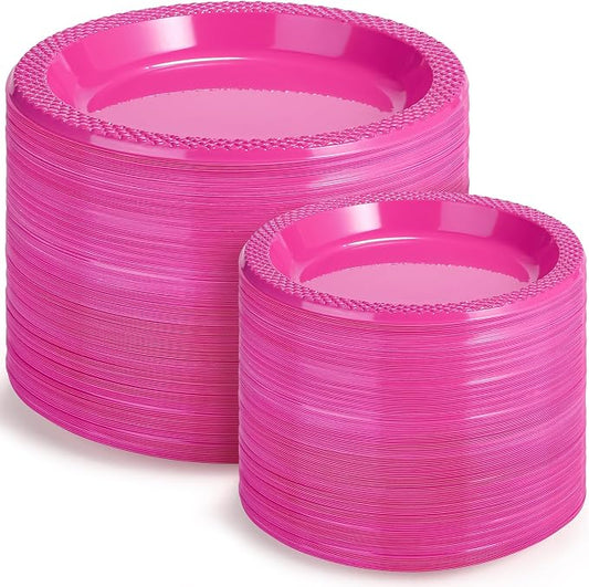 Kochorie 300 Pack Hot Pink Plates 7" & 6" Disposable Plastic Plates Round Dessert Plate Set Food Grade, BPA-Free, Heavy Duty Dinner Tableware for Bulk Party Events, Weddings, Birthdays Supplies