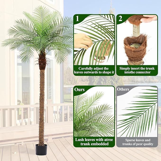 8ft Artificial Phoenix Palm Tree Tall Artificial Palm Trees with 18 Adjustable Leaves,Faux Phoenix Palm Plants for Outside Patio Pool Home Office Living Room Yard (1Pcs, 8ft)