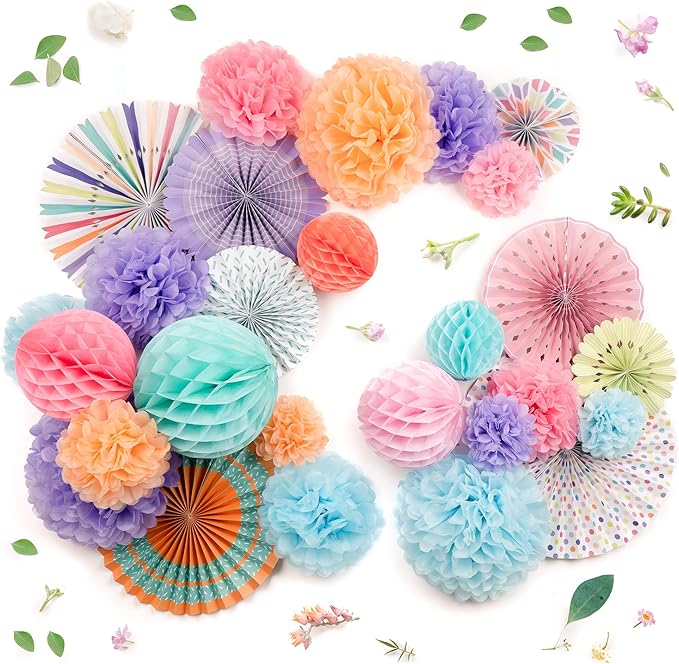 PapaKit 26pc Deluxe Large Multicolor Party Decoration Set - Vibrant Tissue Paper Pom Poms, Honeycomb Balls & Hanging Paper Fans Backdrop - Festive Decor for Birthday, Baby Shower, Fiesta & Photo Booth