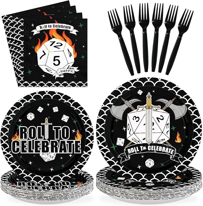 96Pcs D20 Dice Party Supplies Dungeons Theme Game Dragons Dice Plates and Napkins Roll to Celebrate Tableware Set for Men Boy Husband D20 Role-Playing 20th Birthday Game Party Decor Serve 24