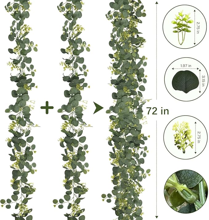4Pcs Eucalyptus Garland, 6FT Green Garland with Flowers, Artificial Faux Greenery Vines for Wedding Party Table Centerpieces Runner Room Home Mantle Decor