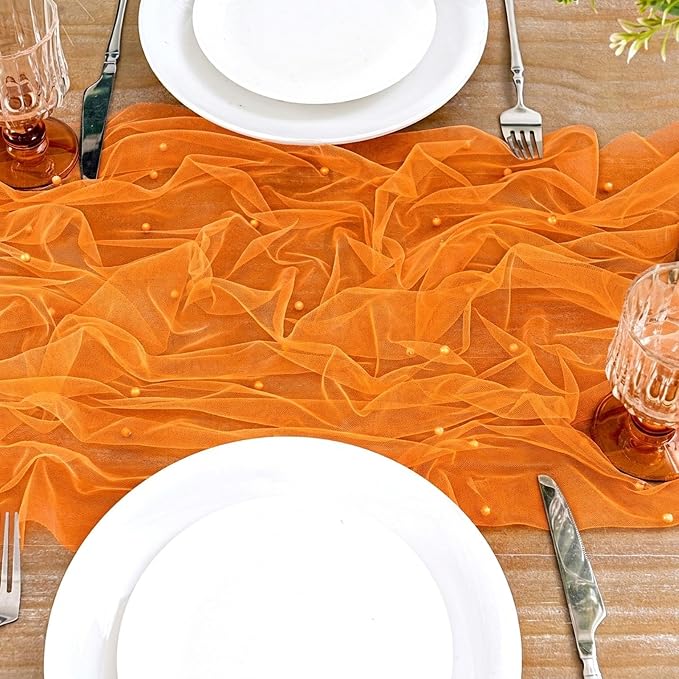 Gauze Pearl Table Runner Tulle Fabric: 10ft Seasonal Dessert Chiffon Pearl Lace Boho Overlay Wedding Veil Outdoor Wedding Aisle Runner Halloween Fall Party Decorations Doilies,Orange