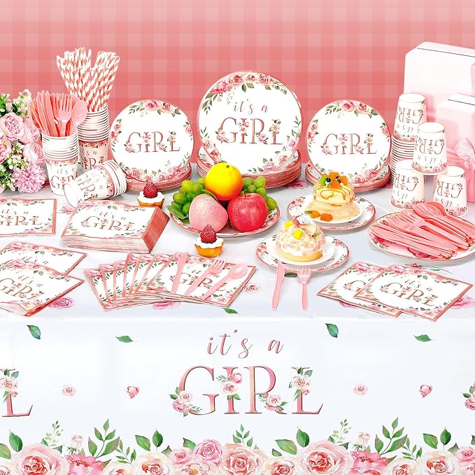 Potchen 452 Pcs Party Supplies Serve 50 Guests, Paper Plates Napkins Cups Cutlery Plastic Tablecloth Dinnerware for Birthday Wedding Party Decoration(Pink, It's a Girl)