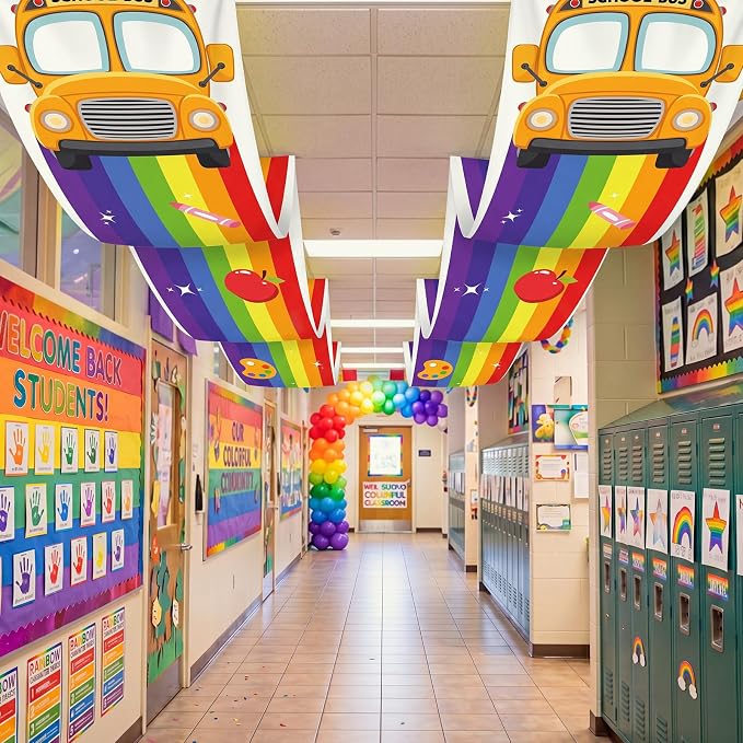Feifeiya 3 Pcs 36 ft Rainbow Back to School Hanging Ceiling Decor Rainbow Cloud and Bus Ceiling Banner Hanging Bunting for Back to School VBS Birthday Party