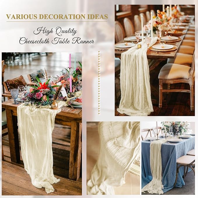 8 Pack 10Ft Cheesecloth Table Runner Ivory, 20 x 120 Inch Rustic Gauze Boho Cheese Cloth Wedding Long Table Runner for Wedding Party Bridal Shower Decoration