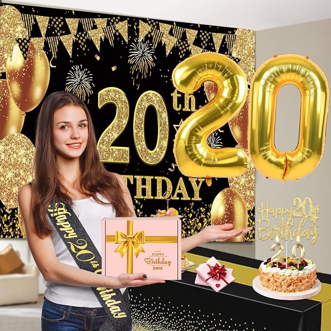 20th Birthday Decorations for Him Her with Banner, Black and Gold Table Cloth, Number Balloons, Large 20th Birthday Sash, Cake Topper and Candles