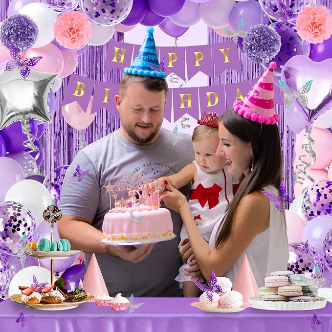 Purple birthday party decorations balloons kit for Women Girls, Balloons,Silver Foil Balloons,Fringe Curtains Happy Birthday Banner Paper Pompoms 3D Butterfly Cake Topper Party Supplies