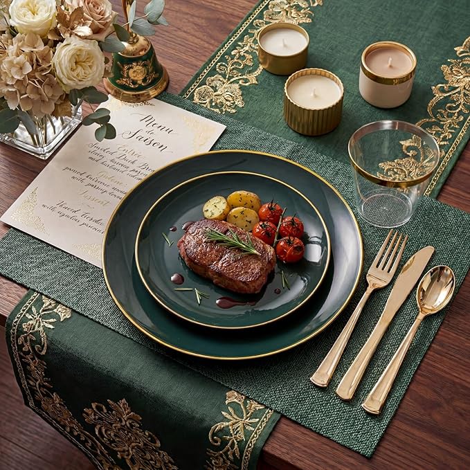NOCCUR 350PCS Green Plastic Plates - Disposable Green Gold Dinnerware Set for 50 Guests, 100 Dinner/Dessert Plates, 150 Gold Silverware, 50 Cups&50 Napkins for Party ＆ Wedding ＆ Spring