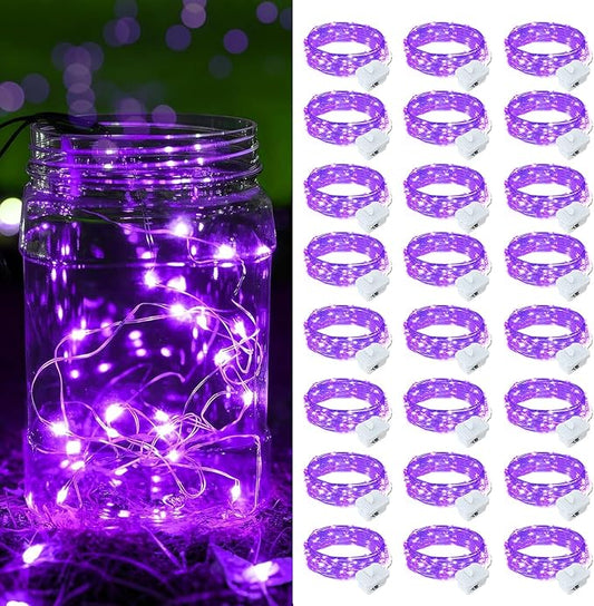 24 Pack Purple Fairy Lights Battery Operated, 7ft 20 LED Mini String Twinkle Lights for Easter Christmas Halloween Mason Jars Centerpiece Table Decorations (24, Purple)
