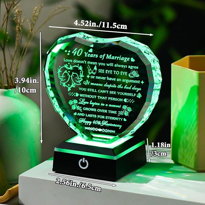 Arikyrist 40th Wedding Anniversary Crystal Heart Gifts for Couple Parents, Laser Engraved 40th Anniversary Decoration Gifts for Wife Husband, 40 Years of Marriage Gift for Him Her Friends
