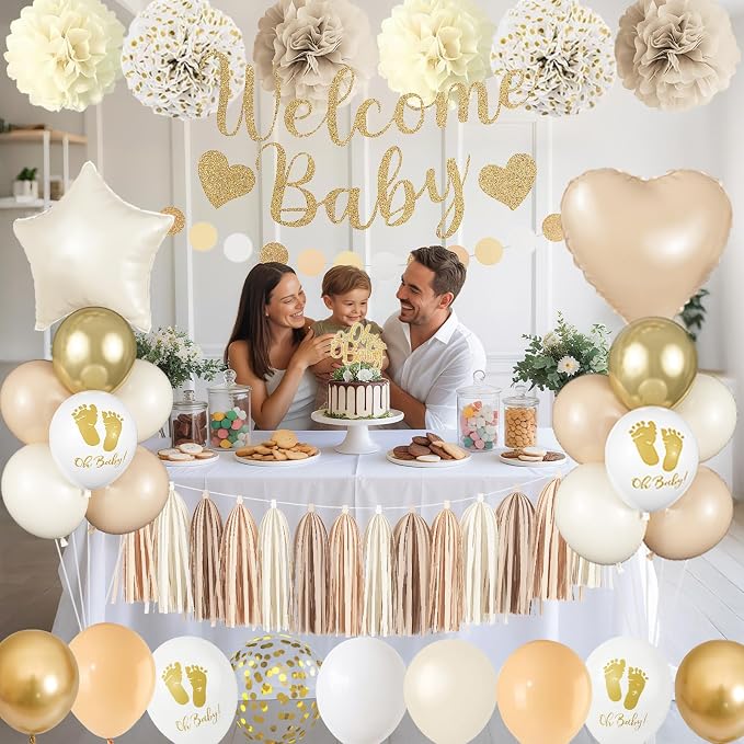 Neutral Gold Baby Shower Decorations for Boys Girls, Boho Welcome Baby Banner Gold Cream Beige Sand White Confetti Latex Balloons Oh-Baby Cake Topper Pom Poms for Baby-Shower Birthday Party Decoration