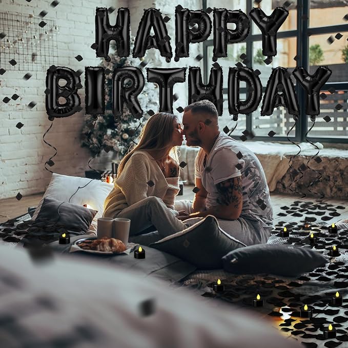Black Happy Birthday Balloons Decorations Happy Birthday Letter Balloons Banner Set with 24pcs Heart Flameless LED Candles and 2000pcs Artificial Rose Petals for Women Men Room Party Decor