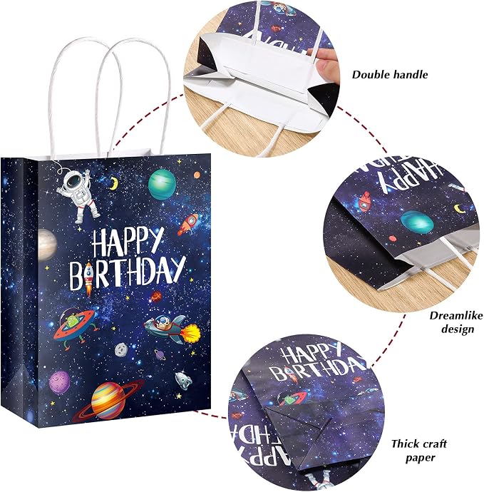 Outus 32 Pack Outer Birthday Space Party Favors Space Goody Bags with Handles Galaxy Gift Bags Kraft Paper Planet Goodie Treat Astronaut Present for Boys Girls Theme Party