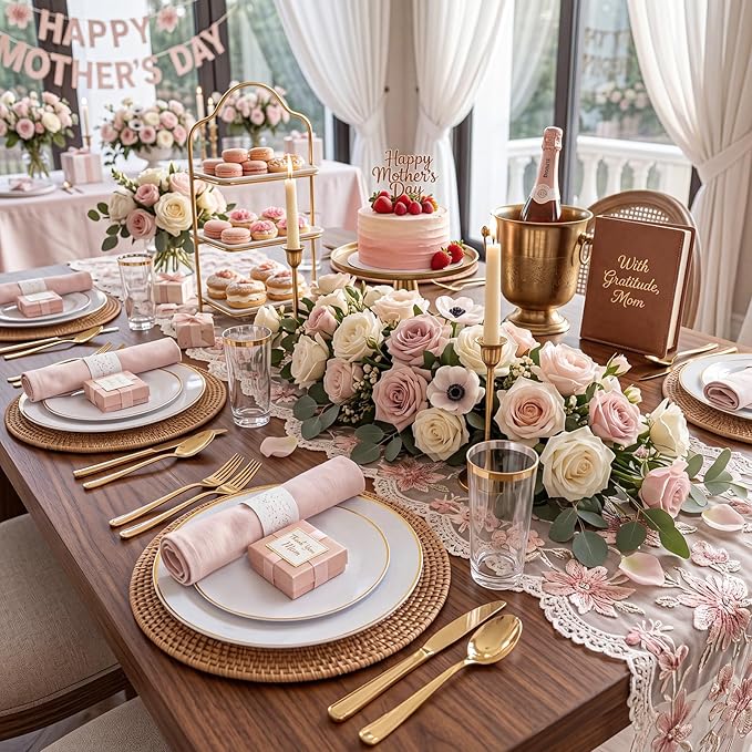 KIRE 175PCS Gold Plates Disposable - Heavy Duty White and Gold Plastic Plates Dinnerware Sets - 25 for Dinner 25 for Dessert 25 Pre Rolled Napkins and 25 Cups for Birthday/Ramadan/Wedding/Mother's Day