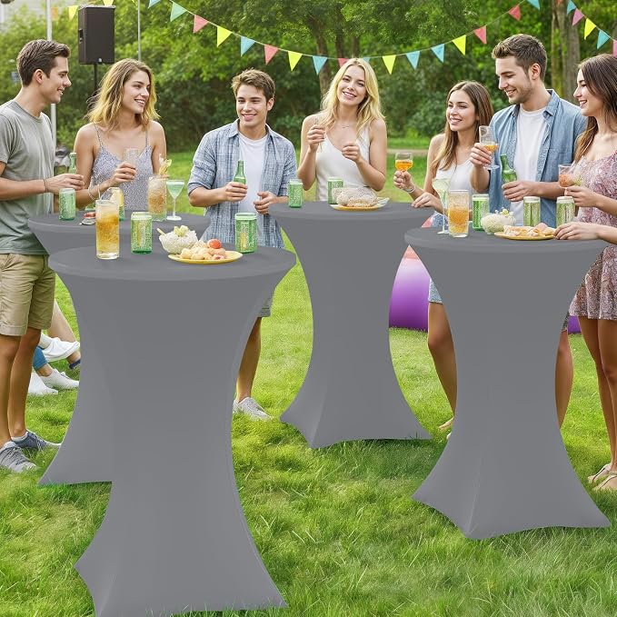 Moosfor Spandex Cocktail Table Covers 4 Pack, Elastic Fitted Stretch Table Cloth, Round High Top Tablecloths for Bar, Party, Pub, Wedding & Banquet (Grey, 32x43 Inch)