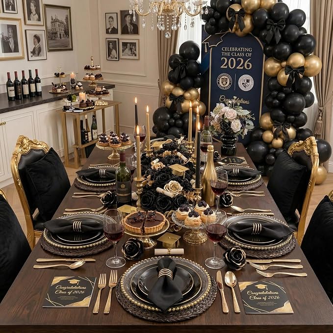 KIRE 350 PCS Plastic Dinnerware Set for 50 Guests - Black and Gold Plates 50 for Dinner 50 for Dessert & 50 Pre Rolled Napkins with Disposable Silverware 50 Cups for Graduation/Banquet/Wedding