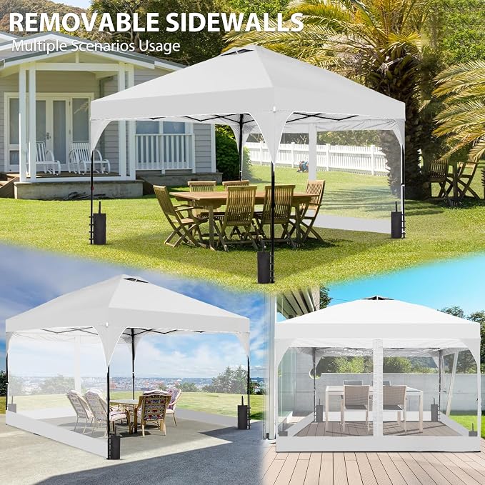 10x10FT Canopy Tent, 1-Button Push Instant Pop Up Canopy with 4 Sandbags, Easy Setup Outdoor Gazebo Shelter (White, 10x10 with PVC Sidewalls)
