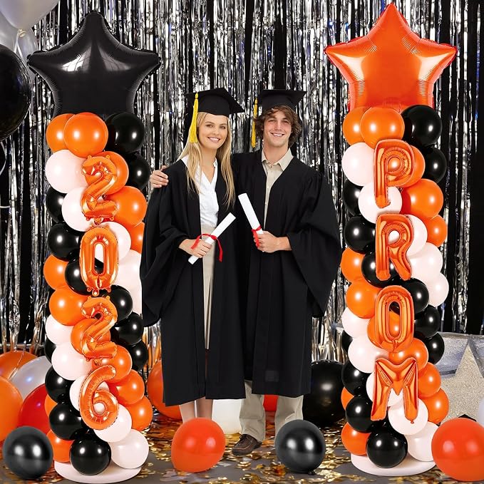 2 Sets Graduation Balloon Column Stand Kits with 132 PCS Orange Black White Latex Balloons 2026 Letters 6.5 Ft Adjustable Metal Tube Telescopic Tower Pillar with Base for Graduation Party Decoration