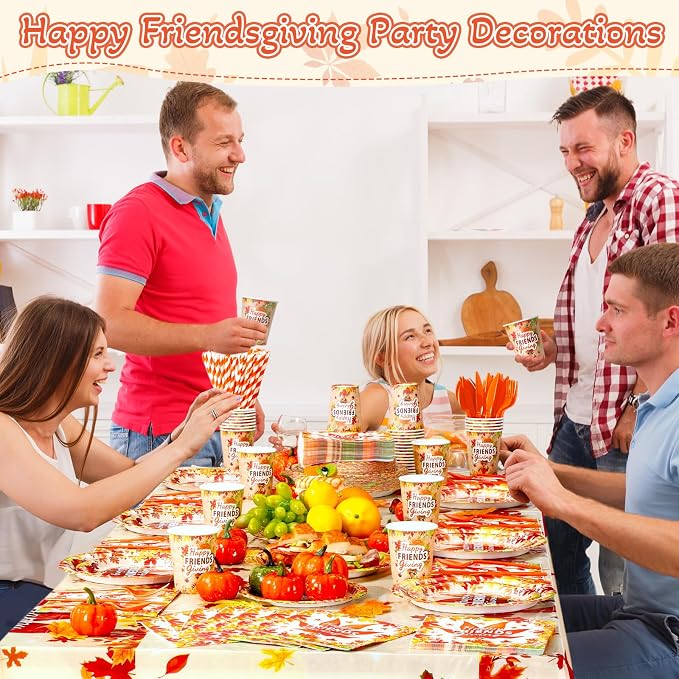 Funnymoom 452 Pcs Happy Friendsgiving Party Decoration for 50, Fall Maple Leaf Friends Giving Paper Plates Napkins Cups Tablecloth Cutlery Straws for Autumn Friendsgiving Thanksgiving Party Supplies