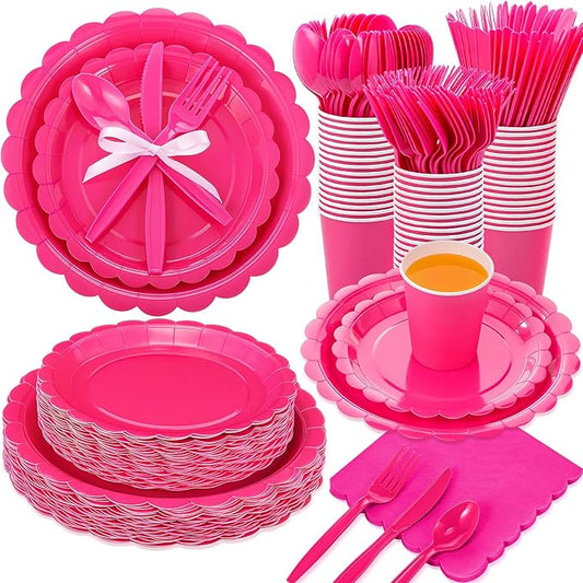 Ziliny 350 Pcs Hot Pink Plates and Napkins, 50 Guest Breast Cancer Awareness Party Supplies Include Scalloped Paper Plates Napkins Cups Plastic Spoons Forks Knives Disposable Tableware Set for Women