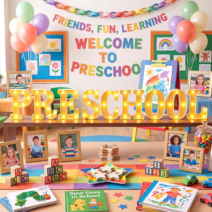 Honoson 9 Pcs Preschool Decorations LED Lights Sign Neon Lights Preschool Table Decoration for Back to School Kindergarten Party Supplies 2026