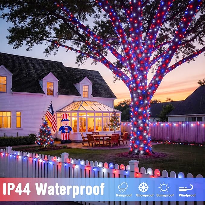 JMEXSUSS 250 LED Red White and Blue Lights, 91.5ft Patriotic Lights Plug in | Connectable, Green Wire, Waterproof, 8 Modes, Indoor/Outdoor Use, Tree Yard Patio Home Decor, Perfect for 4th of July Day