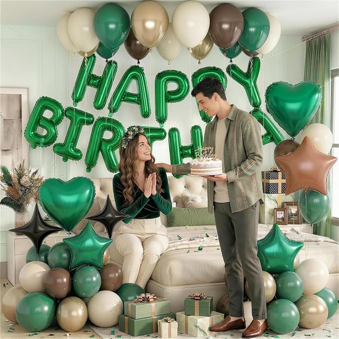 Green and Brown Birthday Decorations Dark Forest Green Safari Camo Army Brown Coffee Gold Sand Nude Balloons Happy Birthday Banner Heart Balloons 18/10 Inch Star Balloon for Boys Bday Party Supplies