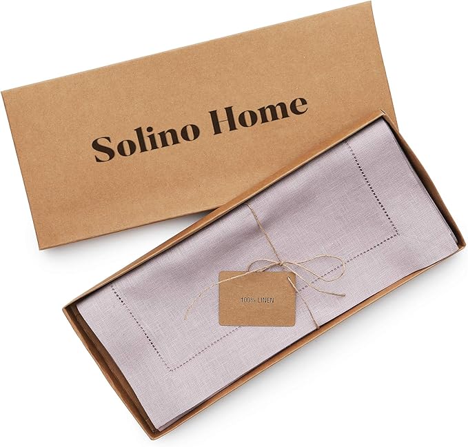 Solino Home Linen Table Runner 60 Inches - 100% Pure Linen Lilac Hemstitch Table Runner 14 x 60 Inch Ideal for Dresser and Coffee Tables, Mothers Day, Spring, Summer - Classic Hemstitch